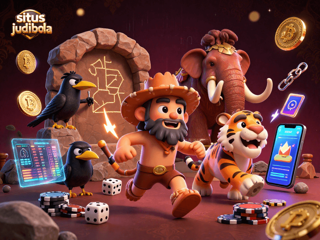 Experience excitement at situs judi bola with a lively caveman and tiger duo in a dynamic digital casino scene.