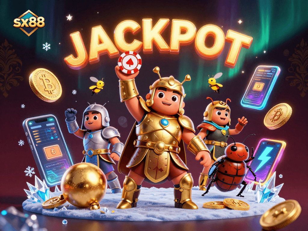 Experience the thrill of sx88 with a victory pose, cartoon beetles, and glowing digital casino elements.
