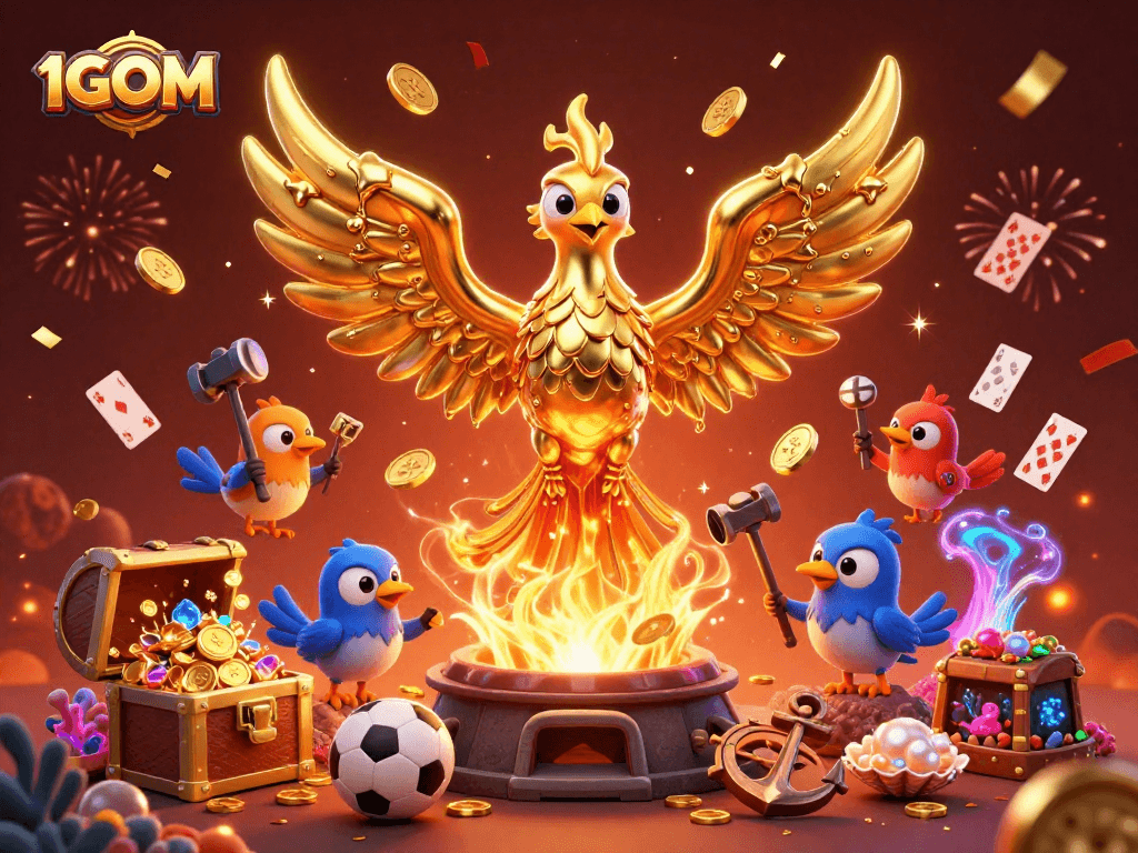 Betting strategies at 1GOM feature a molten golden phoenix amidst sports elements and treasure.