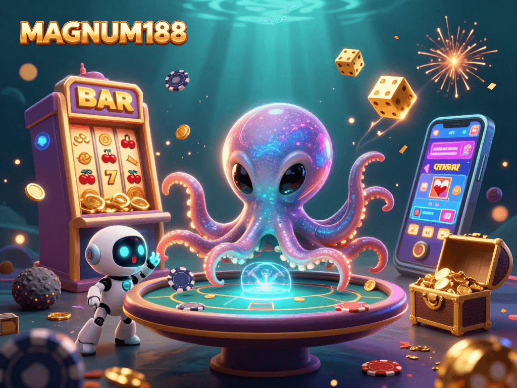 Win big with MAGNUM188’s thrilling games featuring an alien octopus and vibrant casino elements.