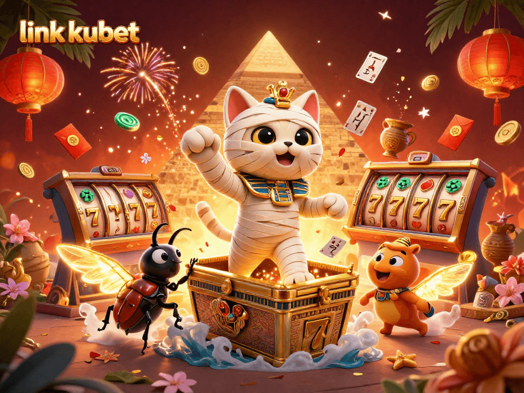 Engage with link kubet at an exciting casino scene featuring a mummy cat and vibrant gaming elements.