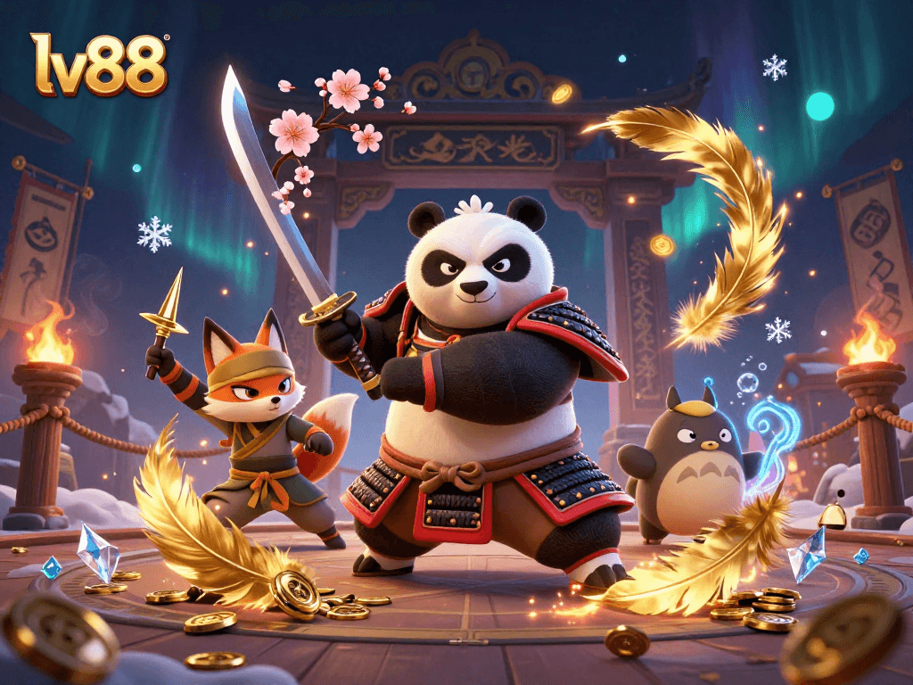 Experience the thrilling allure of lv88 as a fierce samurai panda battles alongside a ninja fox and magical spirit in a vibrant casino scene.