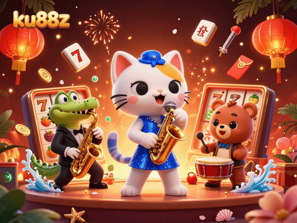 Engage with ku88z through a vibrant casino scene featuring a jazz-singer cat, crocodile, and bear cub.