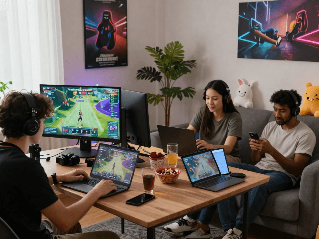 Gamers enjoying free sex games on devices in a cozy living room setting, vibrant atmosphere of interactive play.
