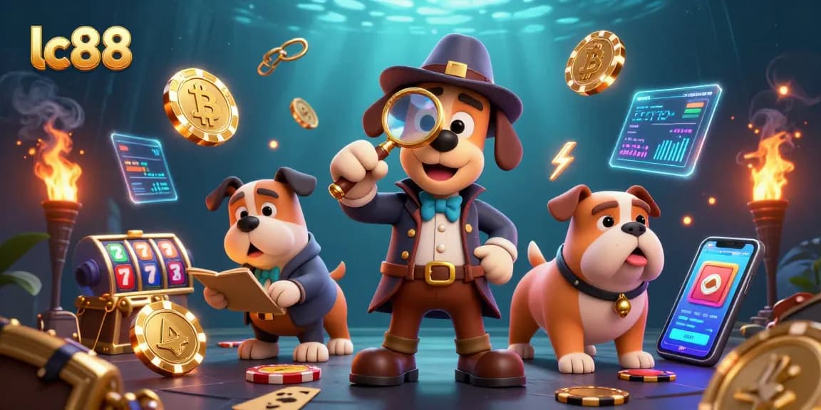 Play thrilling games at lc88 with detective characters exploring a treasure clue in a vibrant casino scene.