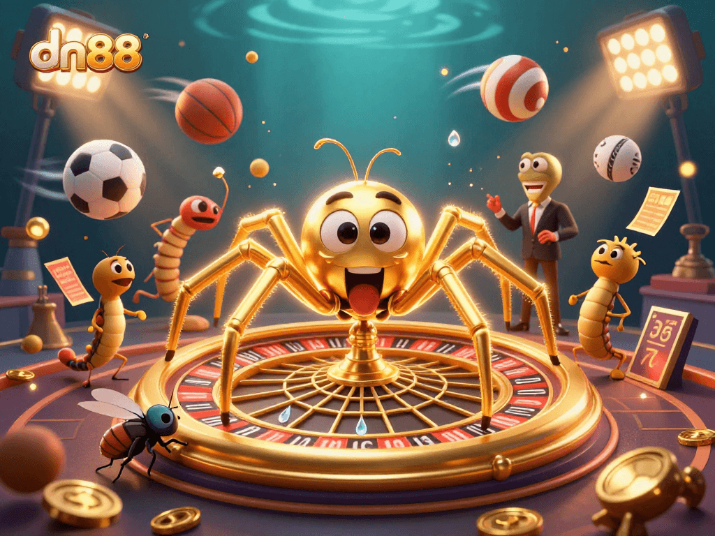 Experience strategic bets at dn88 with a golden spider spinning a roulette wheel, featuring vibrant game elements.
