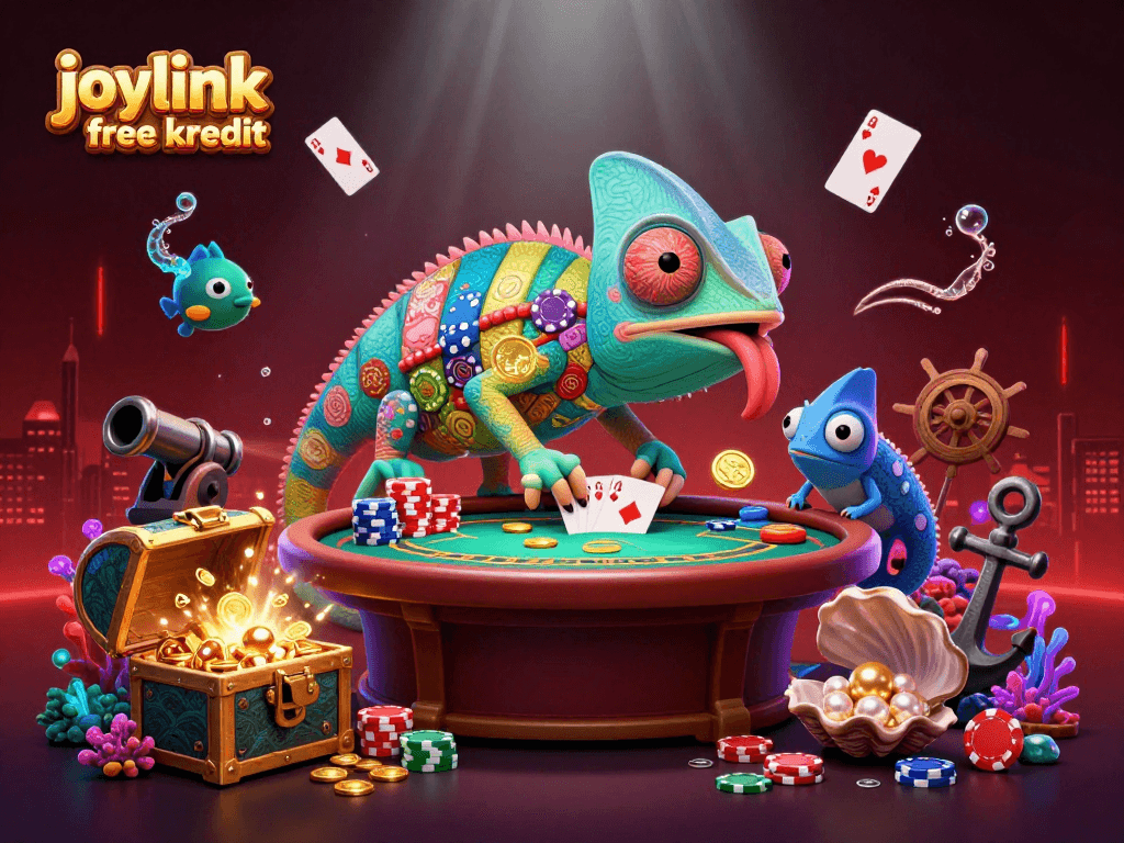 Experience excitement at joylink free kredit as a colorful chameleon observes thrilling poker and roulette action.