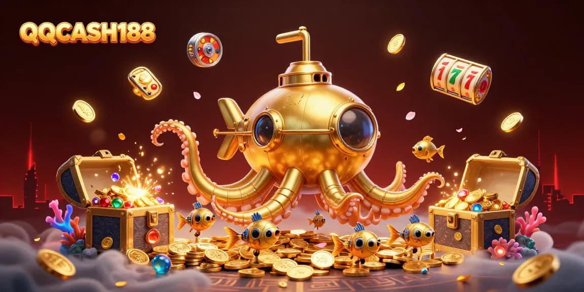 Experience big wins with QQCASH188 featuring floating slot reels and a golden kraken submarine in a vibrant casino sea.