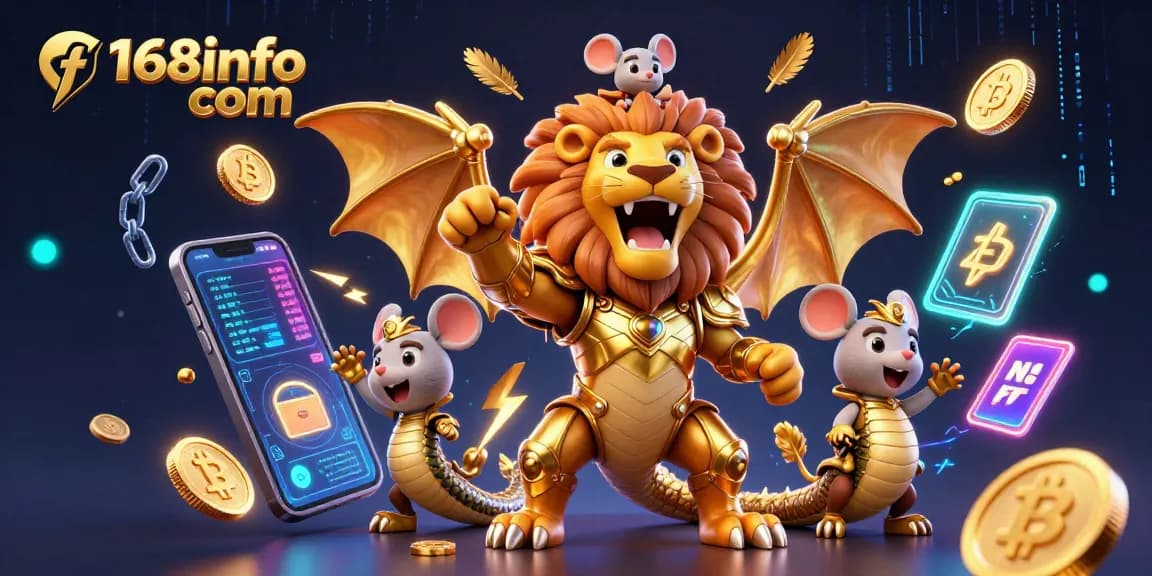 Experience thrilling gameplay with f168info com, showcasing a triumphant chimera and crypto elements in a vibrant scene.