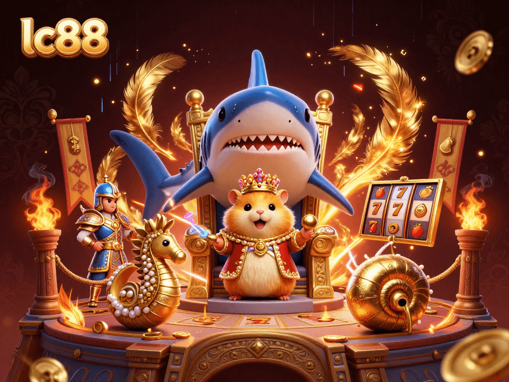 Experience excitement with lc88 as a golden hamster king rules from a megalodon throne amidst casino thrills.