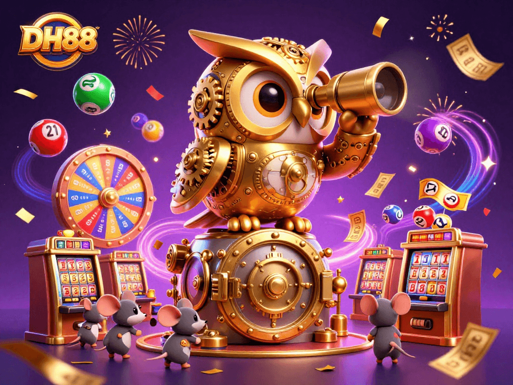 DH88 features a whimsical golden owl on a vault amidst lottery excitement and confetti.