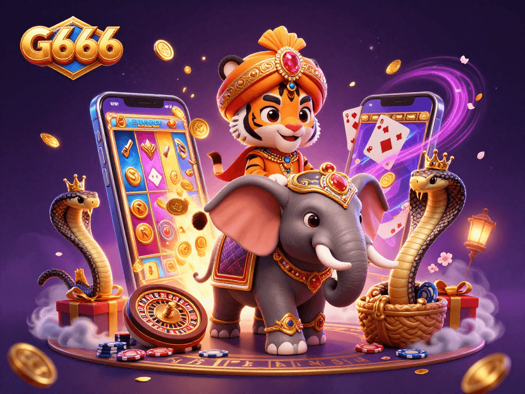 Experience the excitement of G666 with a vibrant 3D scene featuring gaming elements and rich characters.
