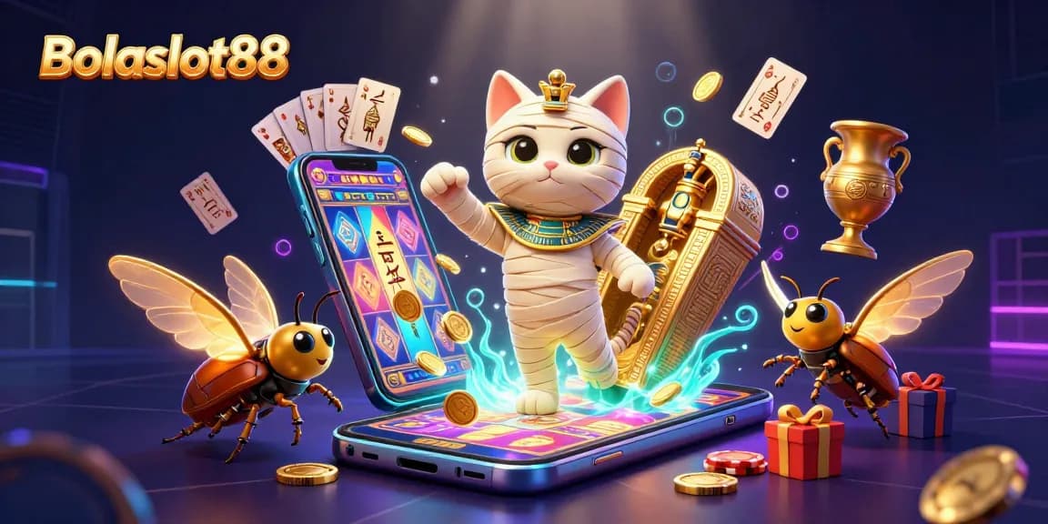 Engage in exhilarating slots action at Bolaslot88 with a vibrant scene featuring Egyptian-themed characters and dazzling casino elements.