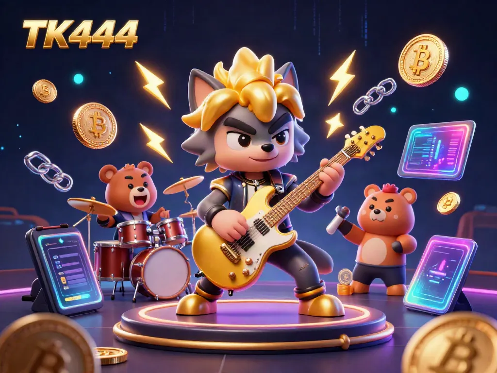 Experience the excitement of TK444 with a 3D cartoon scene featuring a rock star wolf and drummer bear, amidst digital casino elements.