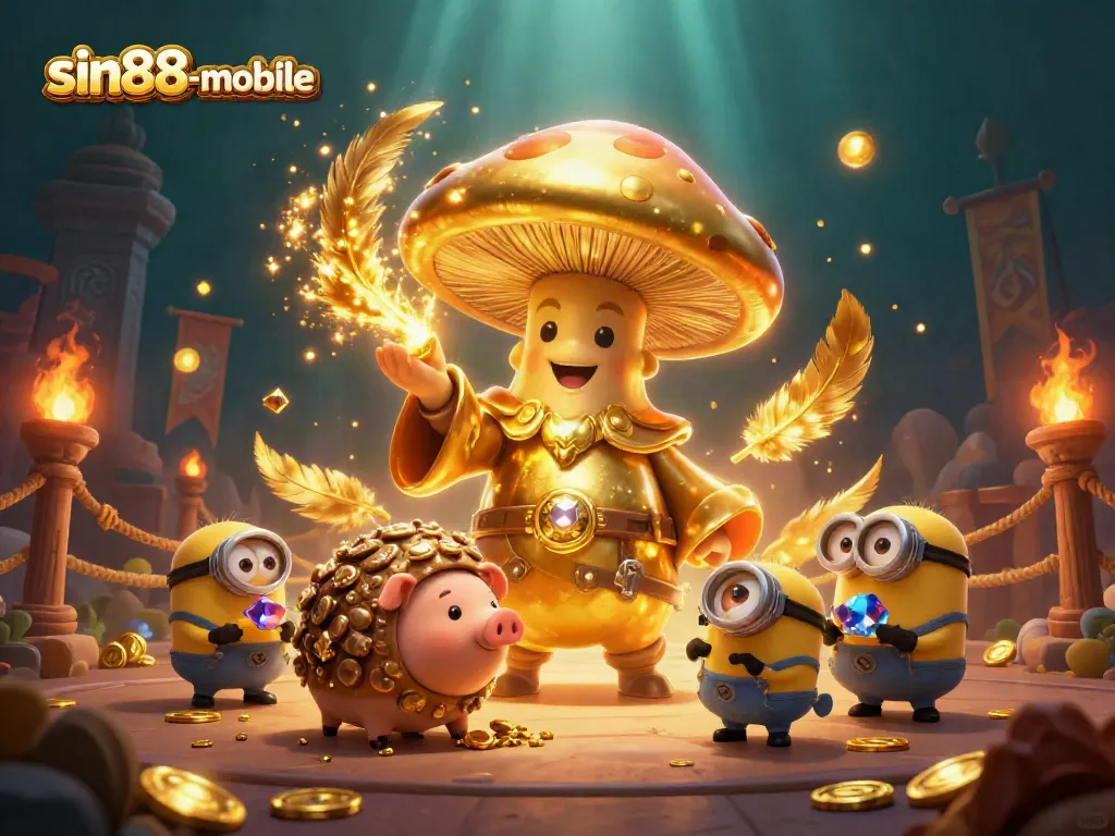Experience sin88-mobile's thrilling magic with a golden wizard, treasure, and vibrant casino elements.