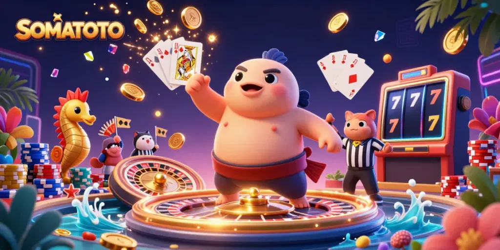 SOMATOTO features a fugu and catfish refereeing an underwater gambling scene filled with coins, cards, and chips.