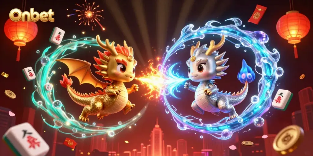Experience the dynamic world of onbet with colorful dragons and engaging casino elements in a vibrant illustration.