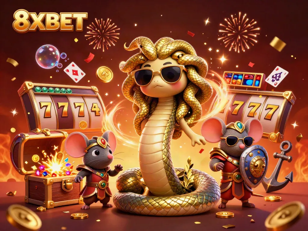 Engaging 3D illustration of 8XBET's unique casino theme with Medusa, gold coins, and slot reels.