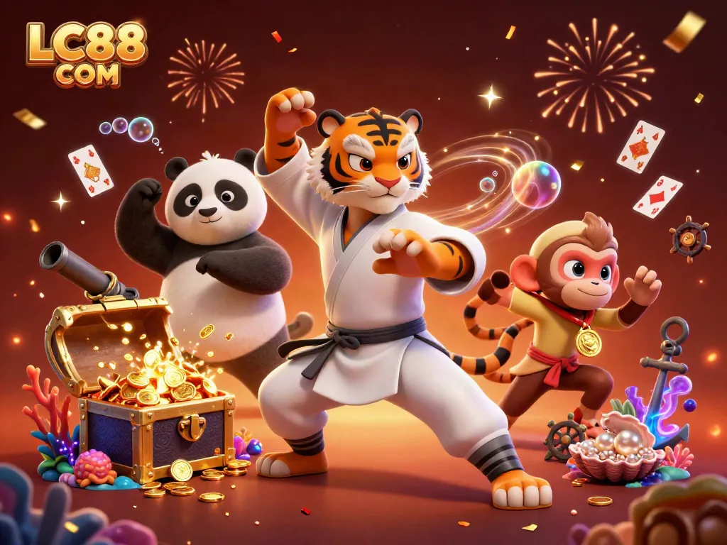 Engage with LC88 COM live casino action featuring kung fu tiger master, panda disciple, and playful monkey.