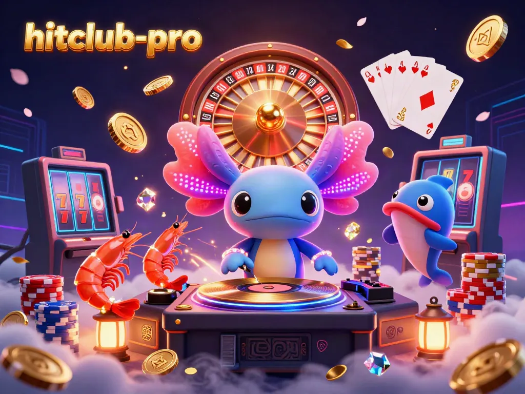 Experience the excitement of hitclub-pro with a neon axolotl DJ and vibrant casino elements.