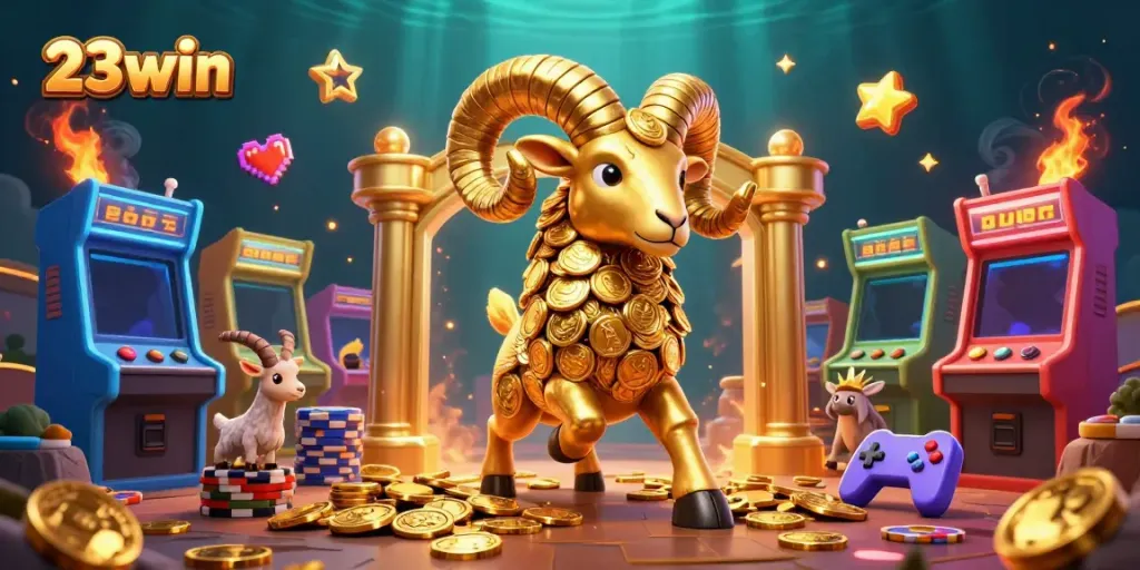 Engage in thrilling gameplay with 23win, featuring a dynamic scene of a charging golden ram and vibrant casino elements.