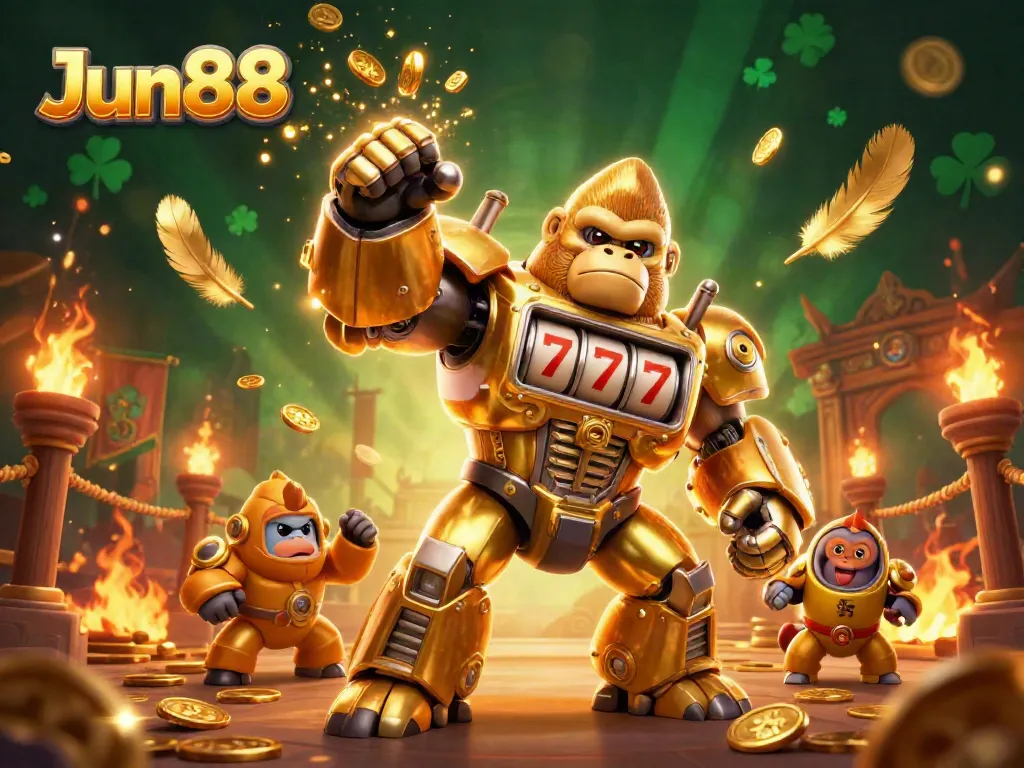 Experience exciting gaming adventures with Jun88's thrilling 3D casino-themed illustration featuring a golden gorilla mech.