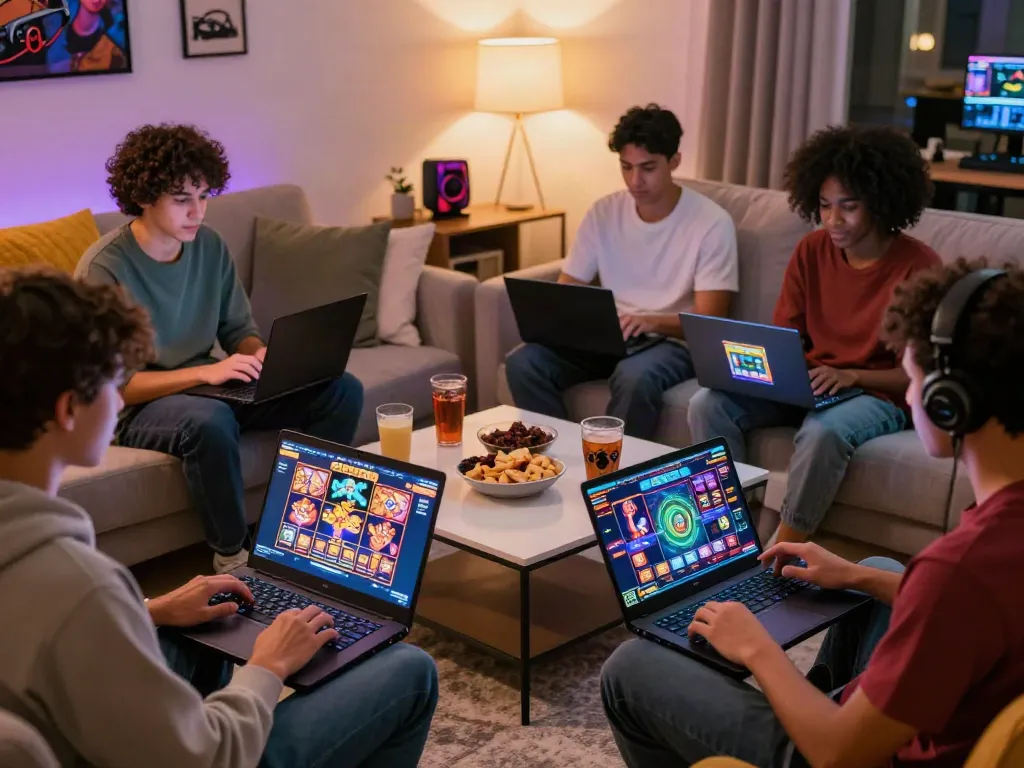 Players enjoying tuan88 slot games in a cozy gaming setup with snacks.