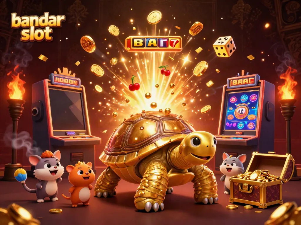 Permainan bandar slot dengan tampilan slot mewah, karakter lucu, dan efek jackpot berkilauan.