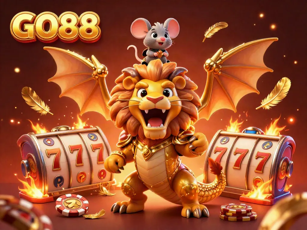 Experience the excitement of GO88 in a dazzling 3D casino scene with golden chimera and gambler elements.