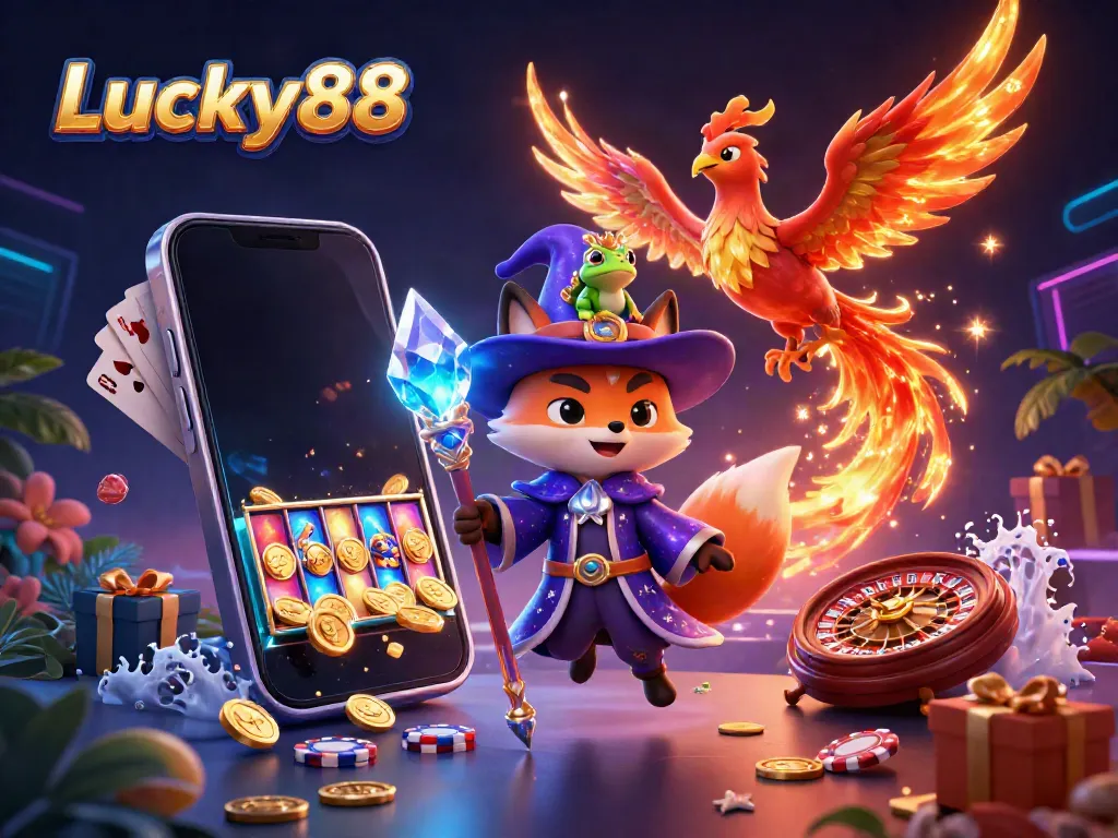 Experience Lucky88 excitement through a vibrant 3D illustration of gaming magic