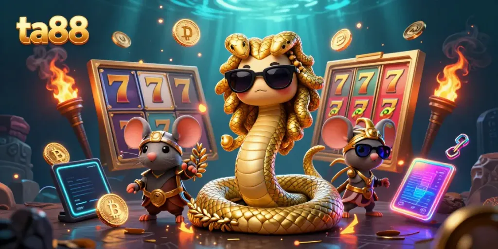 Engage with ta88's vibrant slot game world featuring playful Medusa and a warrior mouse.