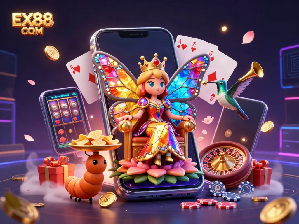 Engage with vibrant gaming elements at EX88 COM, featuring a butterfly queen and dynamic casino action.