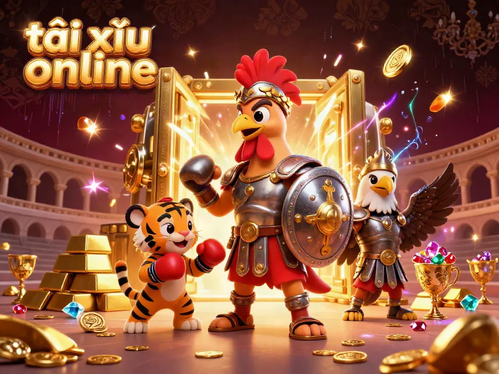 A dynamic scene of a gladiator rooster, tiger cub, and eagle in a casino-themed environment showcasing tài xỉu online with gold treasures.