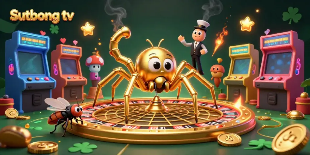 Engage with Sutbong tv as the golden spider distributes betting excitement from a roulette wheel.