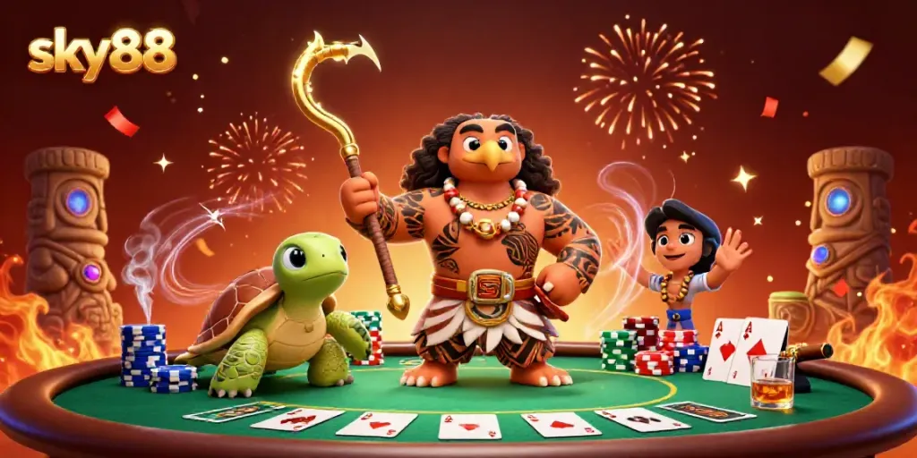 Sky88 casino gameplay illustration with a demigod hawk and poker elements