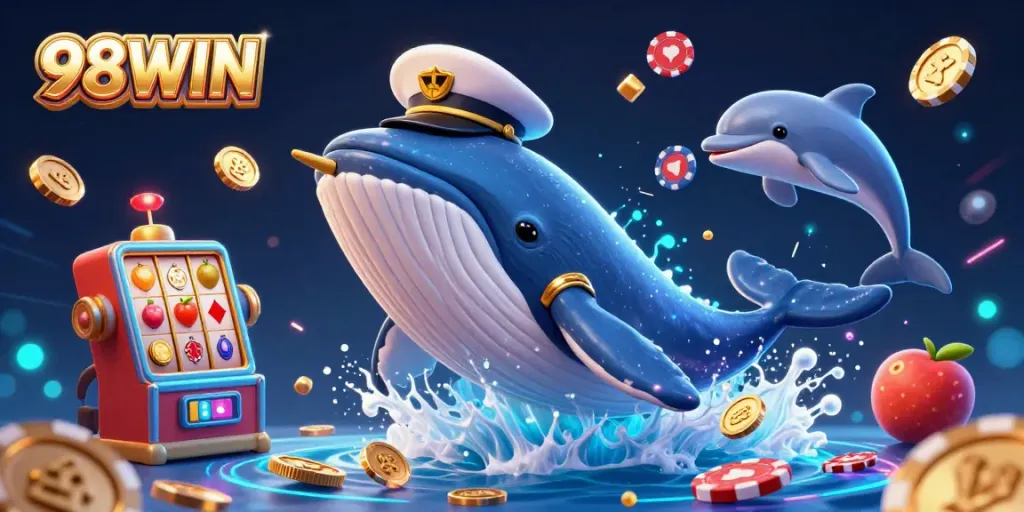 Engage in thrilling gaming action with 98WIN's vibrant casino scene featuring playful characters.