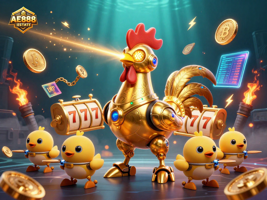 Play slots at AE888 ESTATE with vibrant golden slots and advanced crypto elements.