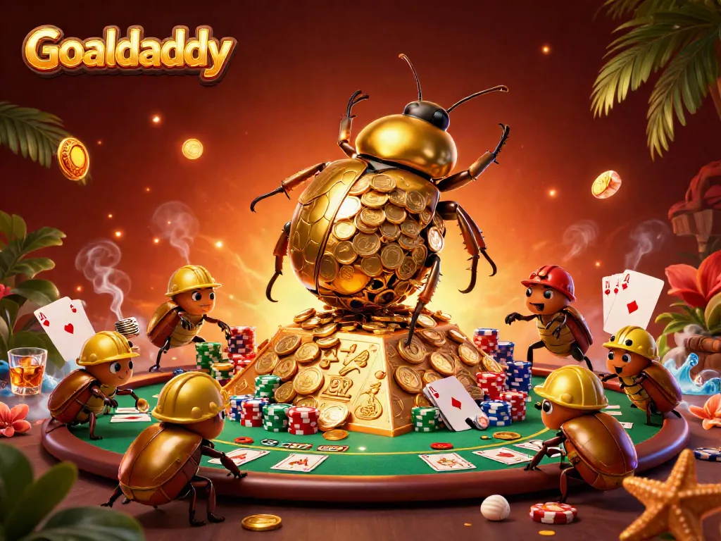 Experience high-stakes excitement with Goaldaddy as a golden beetle carries treasures in a casino-themed scene.