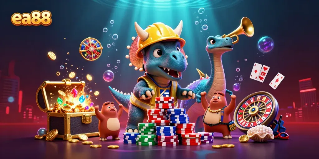 Experience the thrill of ea88 gaming with a vibrant 3D scene featuring a triceratops stacking poker chips.