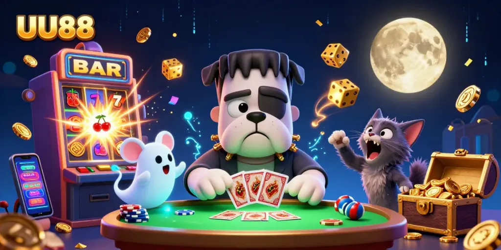 Experience thrilling action at UU88 with a 3D cartoon scene full of vibrant casino elements.