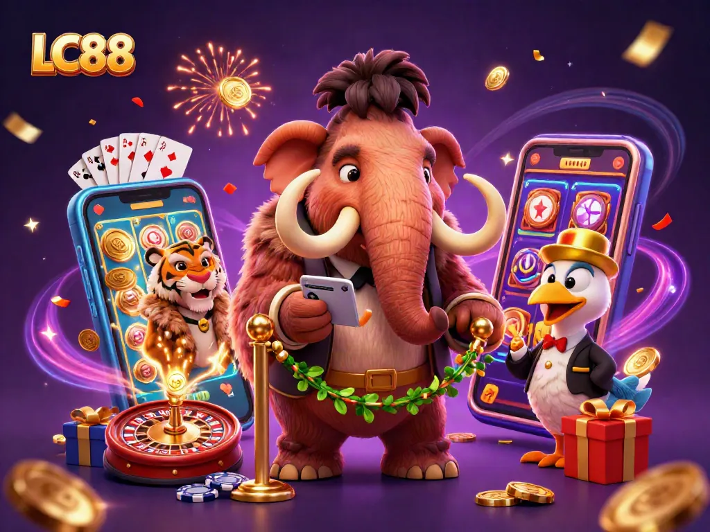 LC88 invites players into an exciting casino atmosphere with a woolly mammoth bouncer, vibrant slot games, and festive elements.