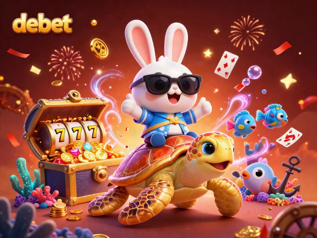 Experience debet's vibrant cartoon casino world with lucky rabbit, golden turtle, and dynamic slot elements