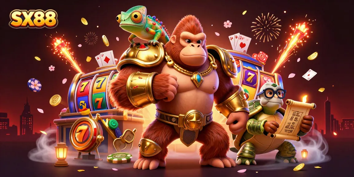 Experience action-packed gaming with SX88's vibrant 3D casino world featuring dynamic slot machines and charming characters.
