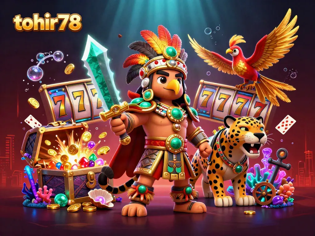 Experience the thrill of tohir78 with an Aztec warrior and vibrant slot machines.