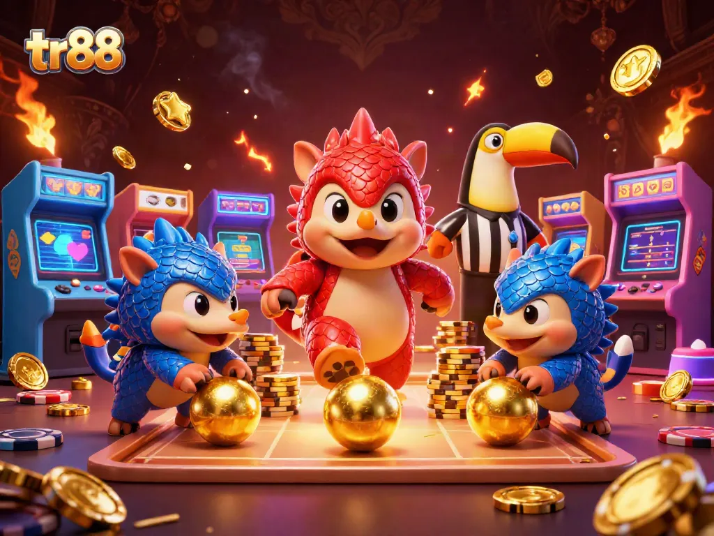 Engage in thrilling gameplay with tr88's cartoon pangolins in a vibrant casino scene.