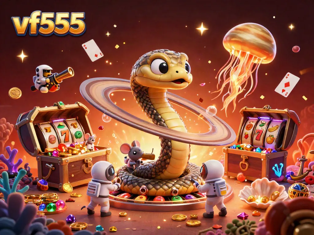 Engaging 3D illustration of vf555 with a roulette wheel and casino elements amidst cosmic treasures.