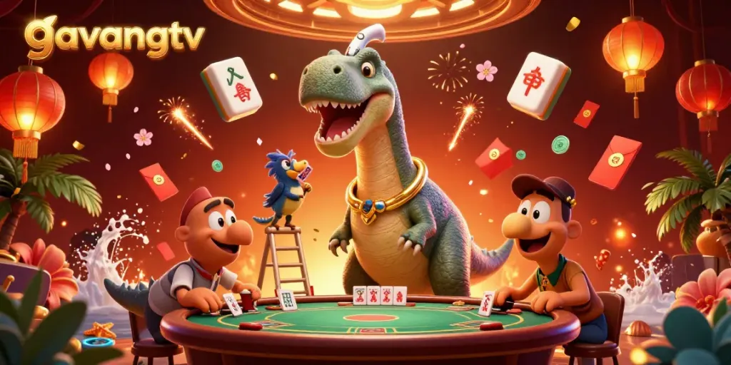 Engage with the vibrant scene of gavangtv as a giant brontosaurus oversees a casino filled with action.
