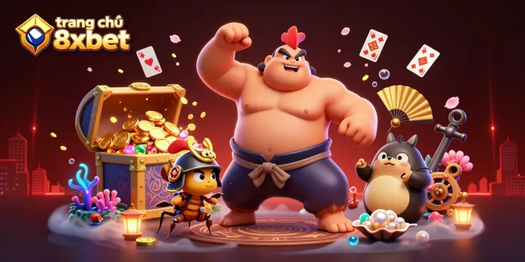 Experience the action at trang chủ 8xbet with vibrant 3D casino characters like a powerful sumo rooster and samurai cricket.