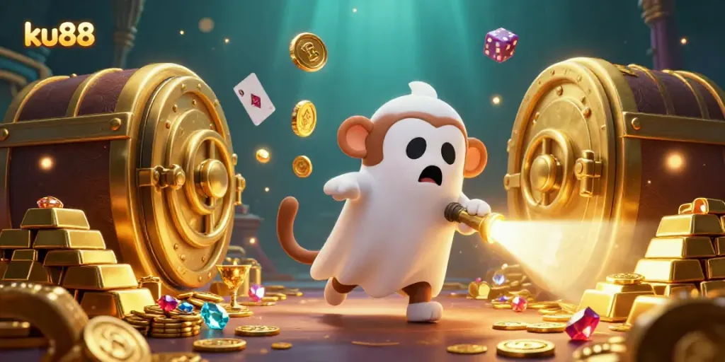 Engage with ku88's thrilling casino adventure featuring a playful monkey and a curious puppy in a golden treasure scene.