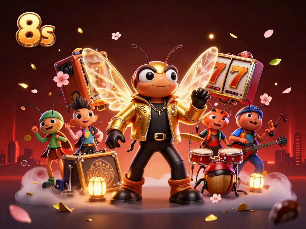 Engage in thrilling slots action in a vibrant 8s casino scene featuring a cicada rock star and whimsical characters.